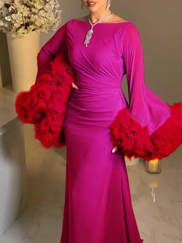 Women's Elegant And Gorgeous Rose Red Stitching Ruffle Trumpet Sleeve Tulle Dress - Viewbena.com 