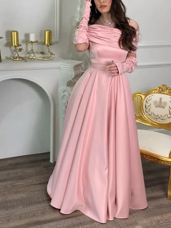 Women's Elegant Gorgeous Pink Satin Rhinestone Long Sleeve One Shoulder Gown Dress - Anystylish.com 