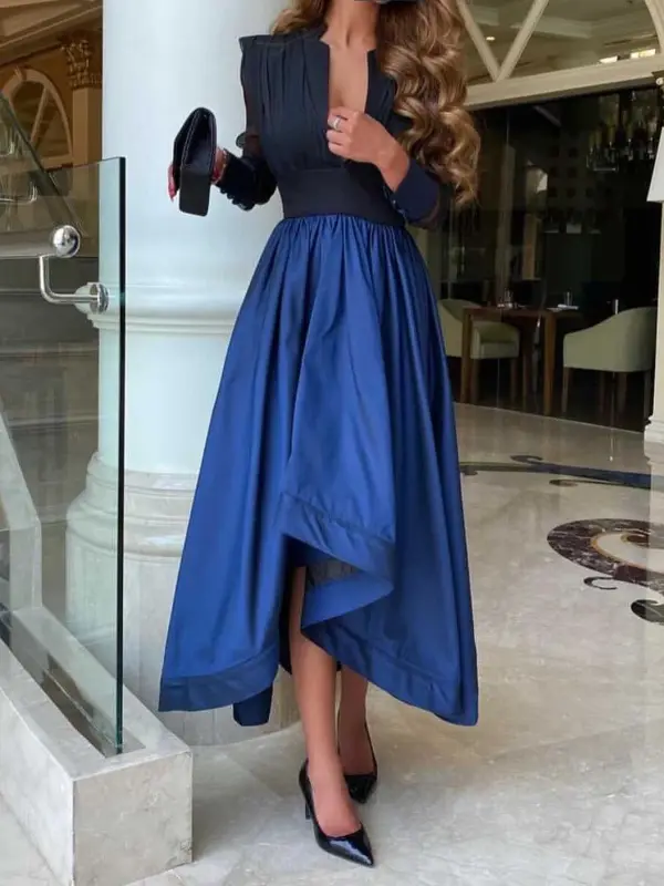 Women's Trendy Elegant Tulle Long Sleeve V-Neck Patchwork Irregular Flare Dress - Anystylish.com 