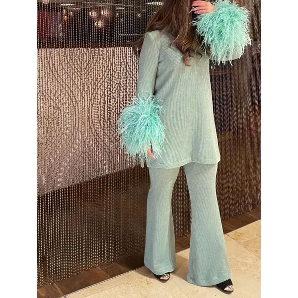 Ladies Elegant Fashion Round Neck Loose Feather Sleeve Wide Leg Pants Casual Party Suit - Seeklit.com 