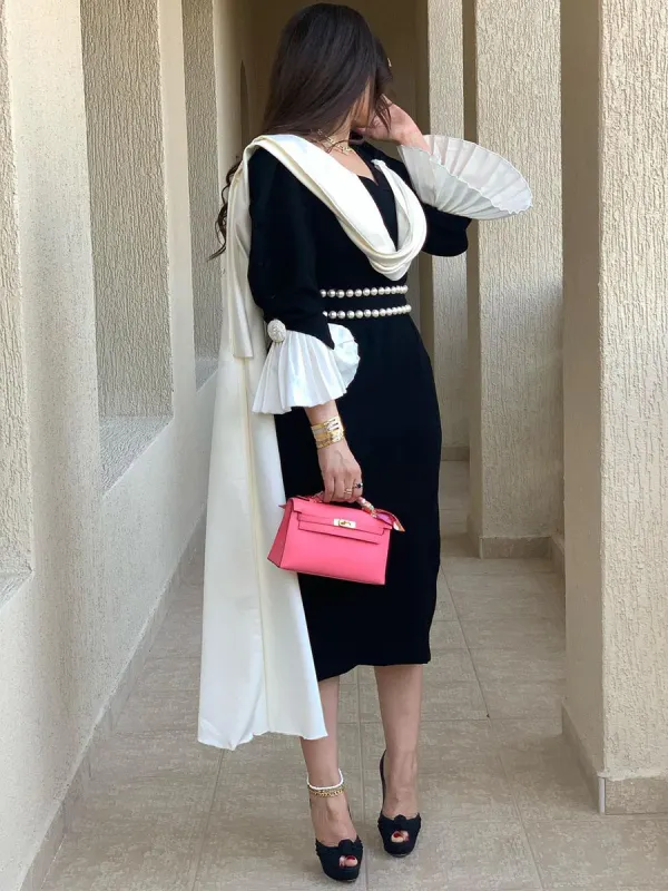 Ladies Elegant Fashion Pearl Contrast Color Dinner Party Festive Dress - Anystylish.com 