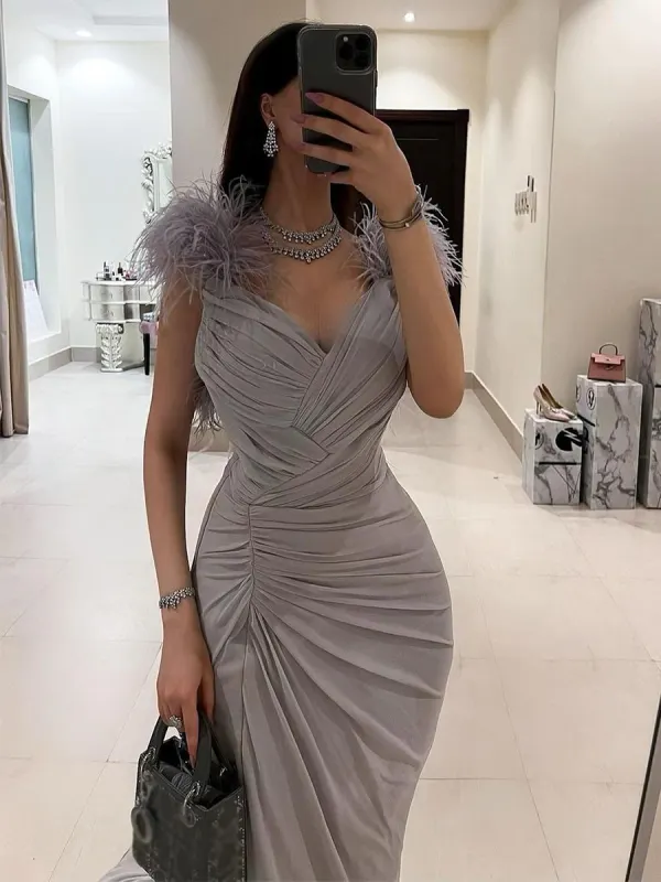 Ladies Elegant Fashion V Neck Feather Patchwork Dinner Party Party Dress - Clubester.com 