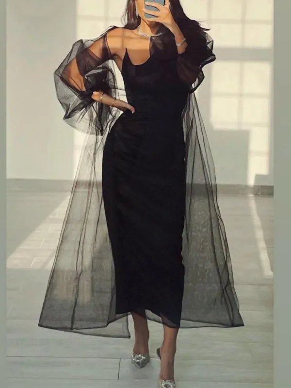 Ladies Elegant Fashion Off Shoulder Color Contrast Festive Party Dinner Tulle Cardigan Two Piece Tube Top Dress - Anystylish.com 