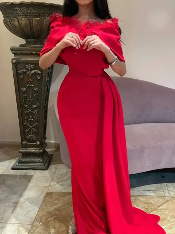 Ladies Elegant Fashion Off Shoulder Feather Patchwork Festive Party Dinner Dress - Anystylish.com 