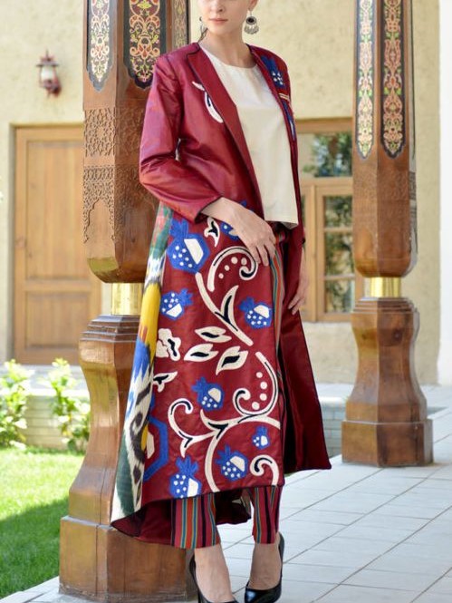 Women'sElegance Burgundy Satin Print Lapel Cardigan