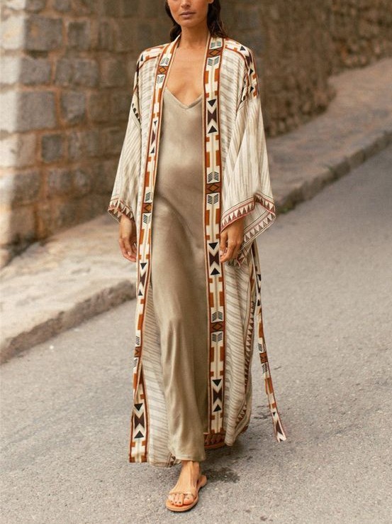 Women's Elegant Geometric Vintage Print High Waist Silk Cardigan