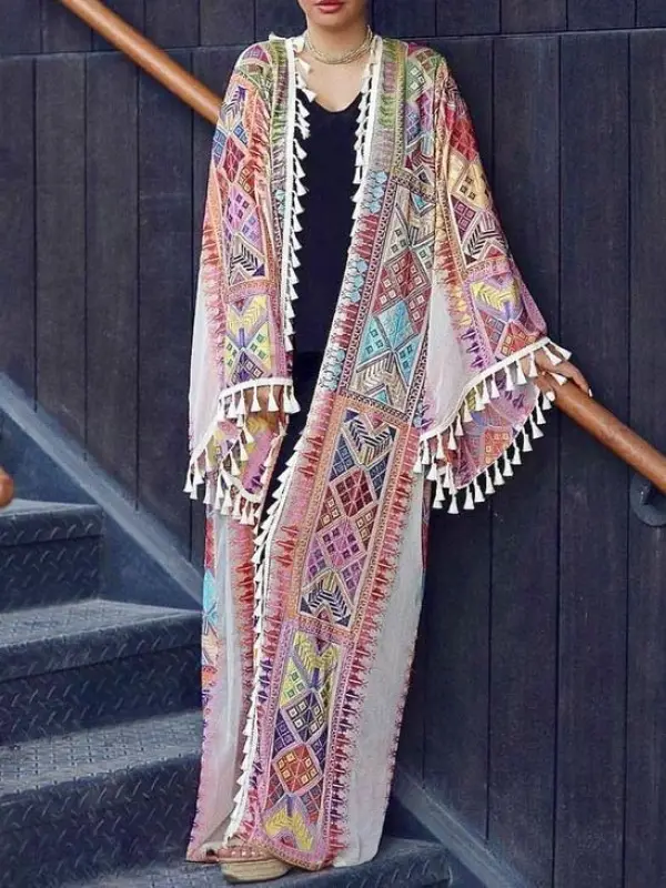 Women's Fashion Casual Vintage Print Chiffon Tulle Fringe Cardigan - Anystylish.com 