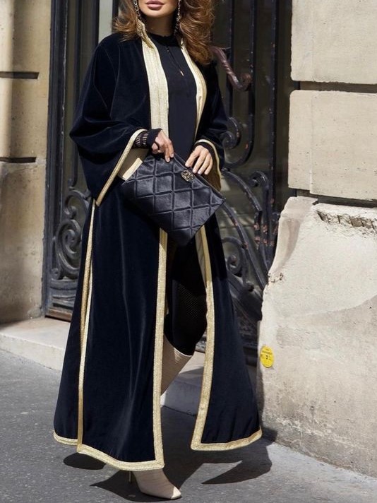 Women's Elegant Simple Velvet Gold Webbing Crew Neck Slit Cardigan