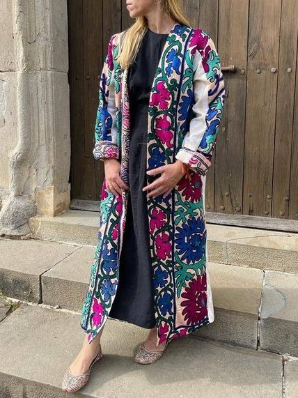 Women's Fashion Casual Contrast Color Floral Print Cotton And Linen Cardigan