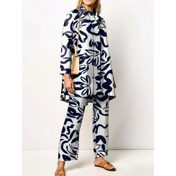 Women's Fashion Casual Blue And White Printed Stand Collar Cardigan Straight Suit - Seeklit.com 