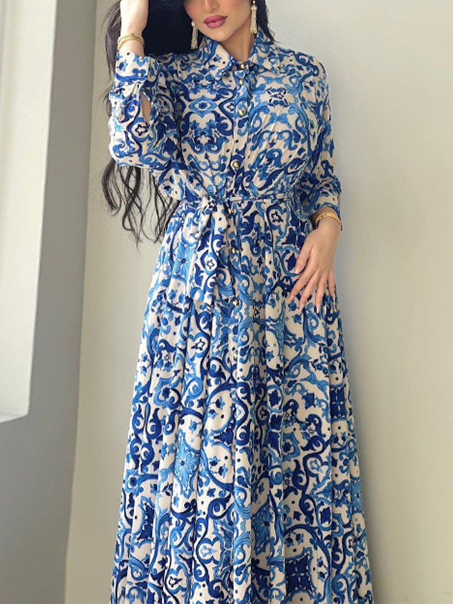 Ladies Elegant Fashion Casual Vacation Party Lapel Printed Long Sleeve Dress