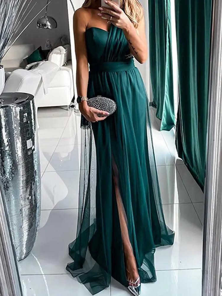 Women's Fashion Temperament One Shoulder Tube Top Solid Color Tulle Layered High Waist Dress Dress