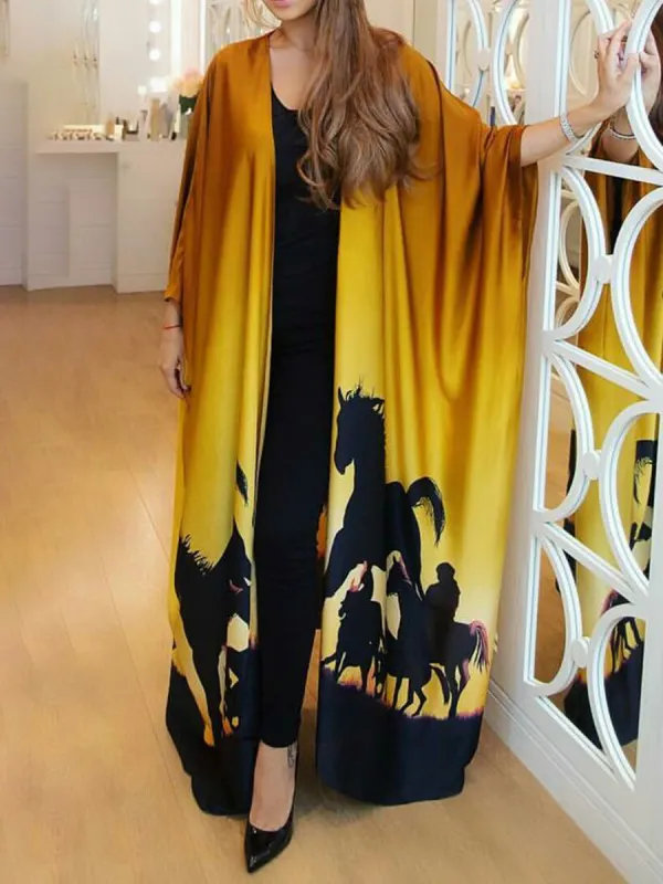 Women's Elegant Gorgeous Golden Yellow Gradient Print Long Sleeve Slit Long Cardigan Only AED179.93 - Anystylish.com 