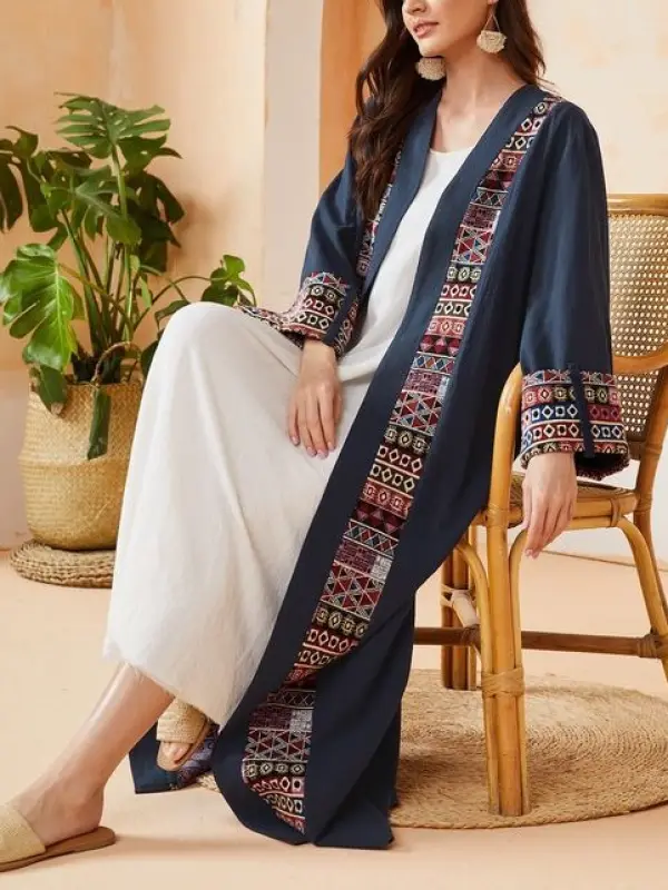 Women's Elegant Vintage Tibetan Blue Cotton Linen Printed Webbing Long Cardigan - Anystylish.com 