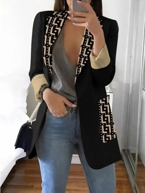 Women's Fashion Elegant Geometric Print Patchwork Lapel Slim Fit Small Suit - Anystylish.com 