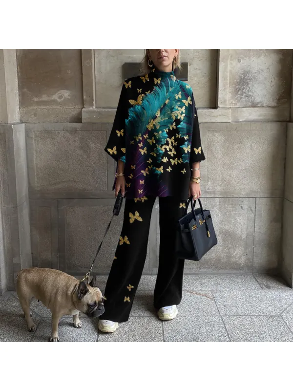 Ladies Elegant Luxury Vintage Casual Party Festive Butterfly Print Top Pants Set - Anystylish.com 