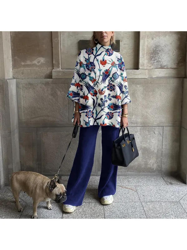 Ladies Elegant Luxury Vintage Casual Party Festive Blue And White Print Top Pants Set - Anystylish.com 