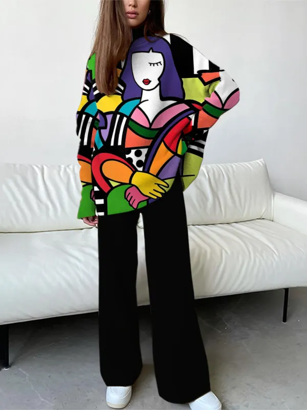 Women's Fashion Casual Abstract Character Illustration Print Drop Shoulder Turtleneck Suit - Anystylish.com 