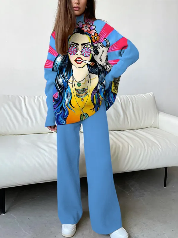 Women's Fashion Casual Pop Character Illustration Print High Neck Drop Shoulder Suit - Anystylish.com 