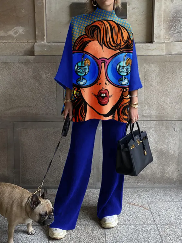 Women's Fashion Casual Pop Character Print Crew Neck 3/4 Sleeve Suit - Anystylish.com 