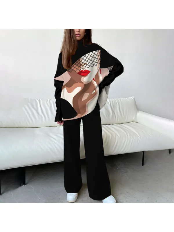 Ladies Elegant Design Abstract Face Line Print Art Casual Party Festive Print Top Pants Set Only AED154.33 - Anystylish.com 