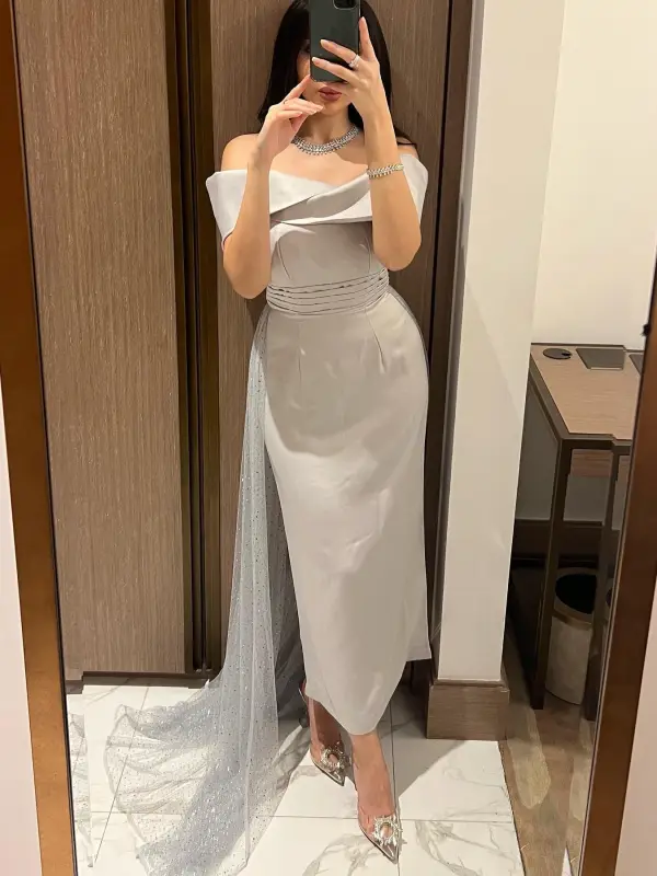 Women's Elegant Gorgeous Light Grey Drop Shoulder Neck Pleated Sequin Mesh Dress - Anystylish.com 