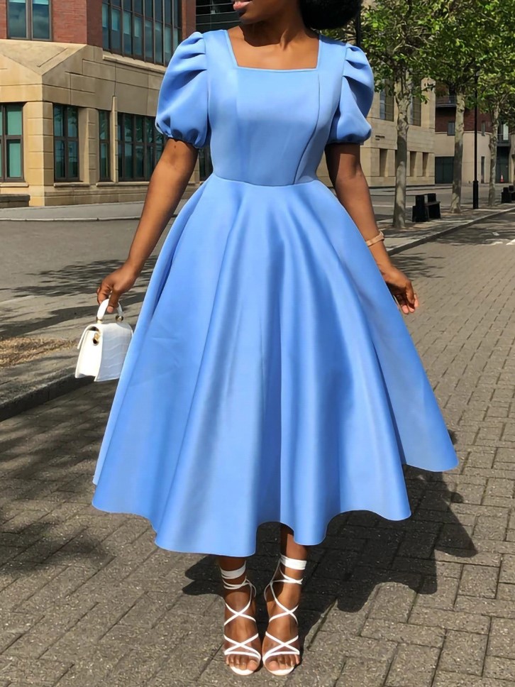 Women's Fashion Sweet Pleat Puff Sleeves Solid Color Square Neck High Waist A Line Evening Gown Dress