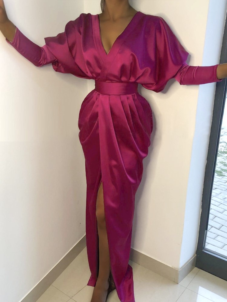 Women's Fashionable Elegant V Neck Drop Shoulder Lantern Sleeve Slit Slim Dress