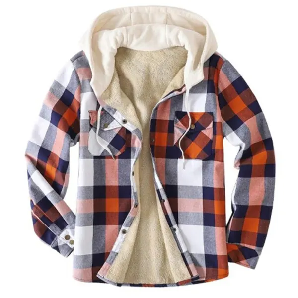 Men's Flannel Sherpa Lined Plaid Hooded Shirt Casual Jacket