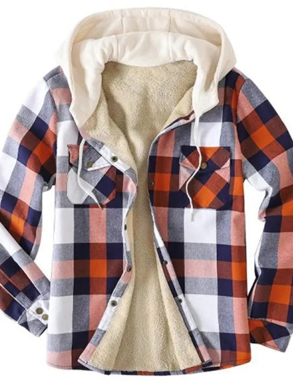 Men's Flannel Sherpa Lined Plaid Hooded Shirt Casual Jacket