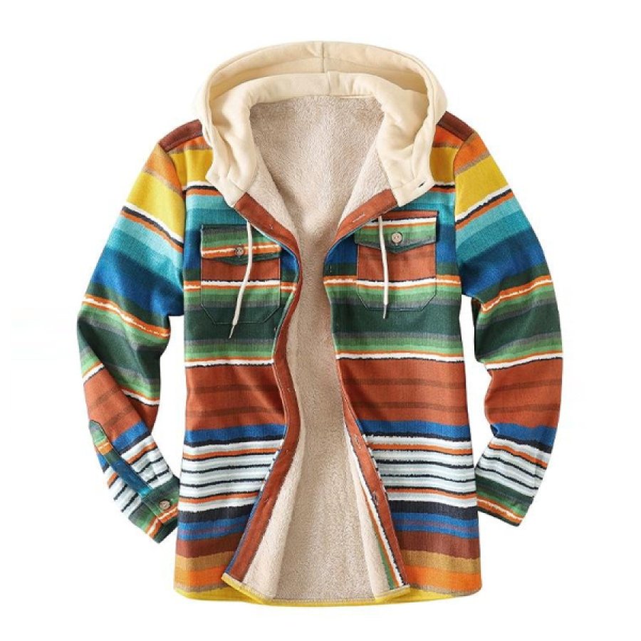 

Mens Colorful Stripe Thick Plush Casual Jacket