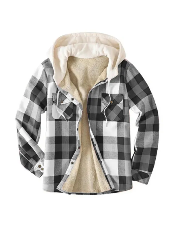 Men's Flannel Sherpa Lined Plaid Hooded Shirt Casual Jacket
