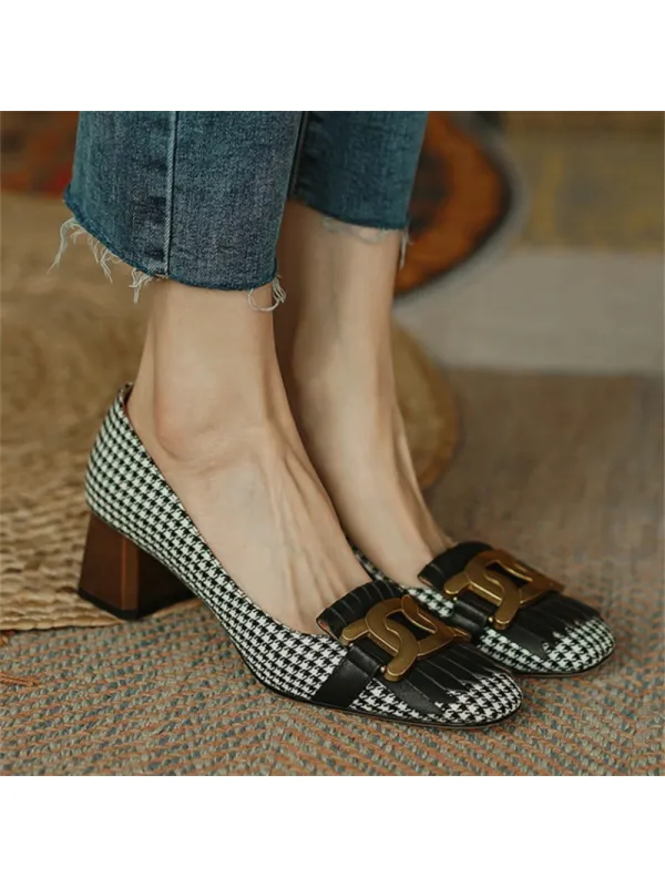 Ladies Retro Square Head Houndstooth Fringed High Heels - Gethefashion.chimpone.com 