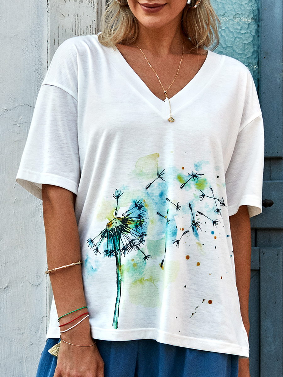 Ladies Dandelion Printed V Neck Short Sleeve T Shirt