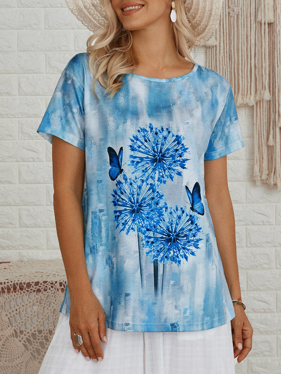 Ladies Dandelion Printed V Neck Short Sleeve T Shirt