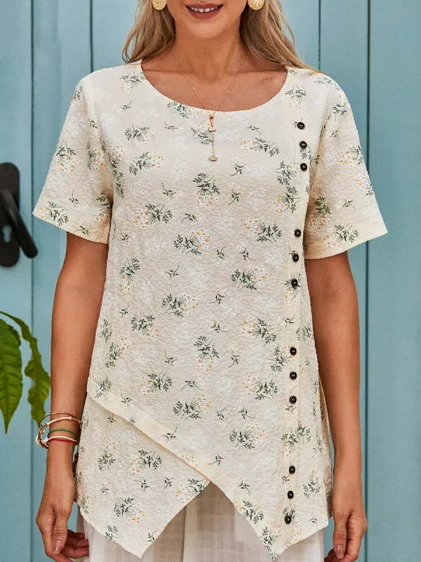 Женская рубашка с коротким рукавом и круглым вырезом с цветочным принтом - Funluc.com 