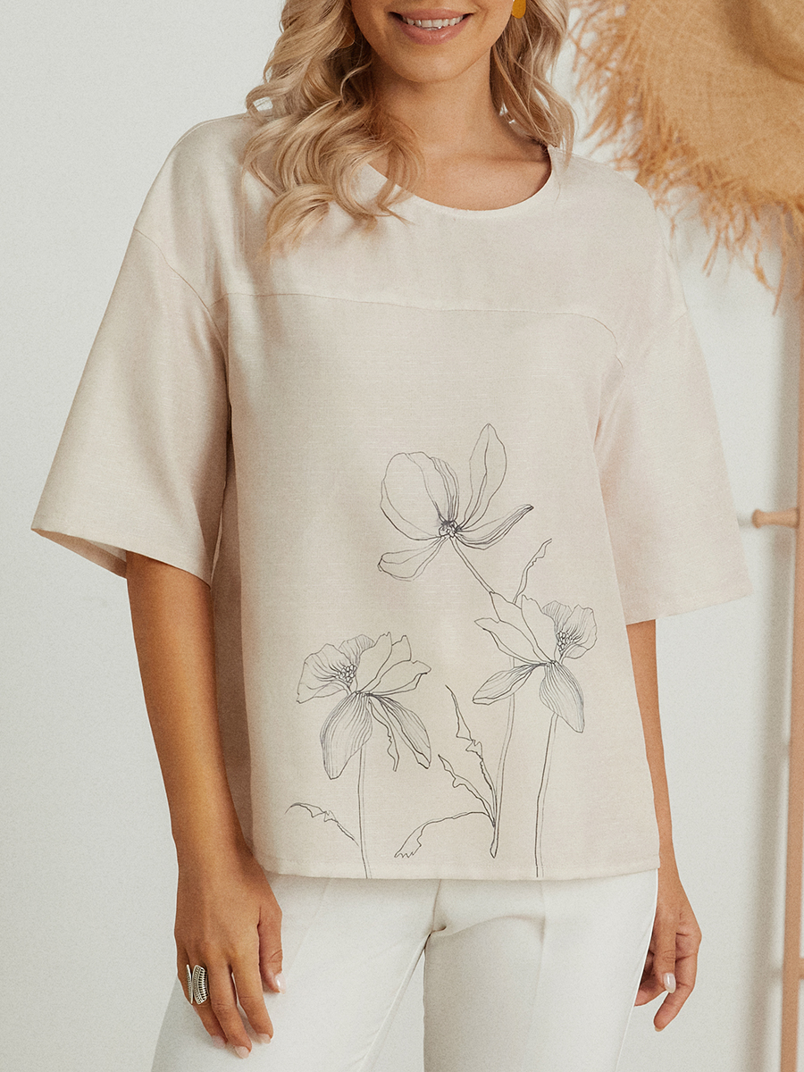 Womens Floral Print Round Neck Short Sleeve Shirt