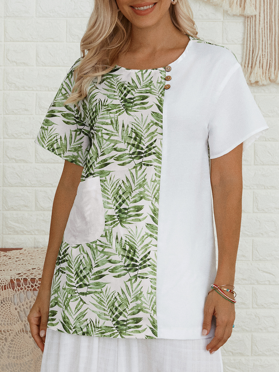 Womens Floral Print Round Neck Short Sleeve Shirt