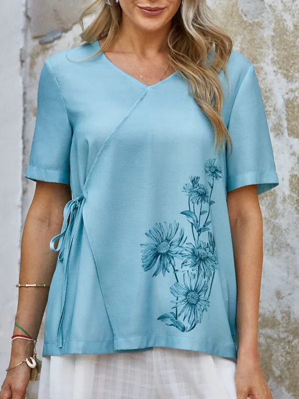 Womens Floral Print V-neck Short-sleeved Shirt - Funluc.com 