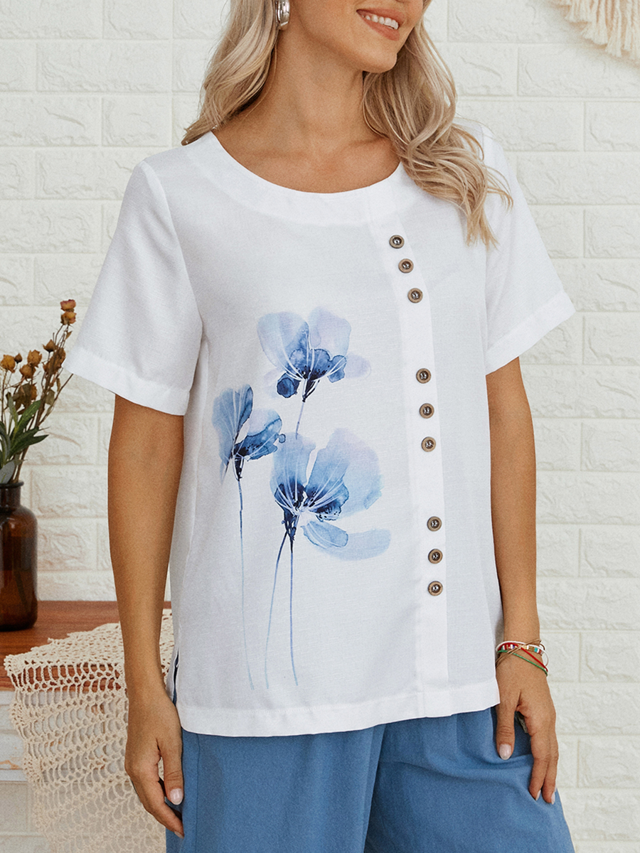 Womens Floral Print Round Neck Chic Short Sleeve Shirt