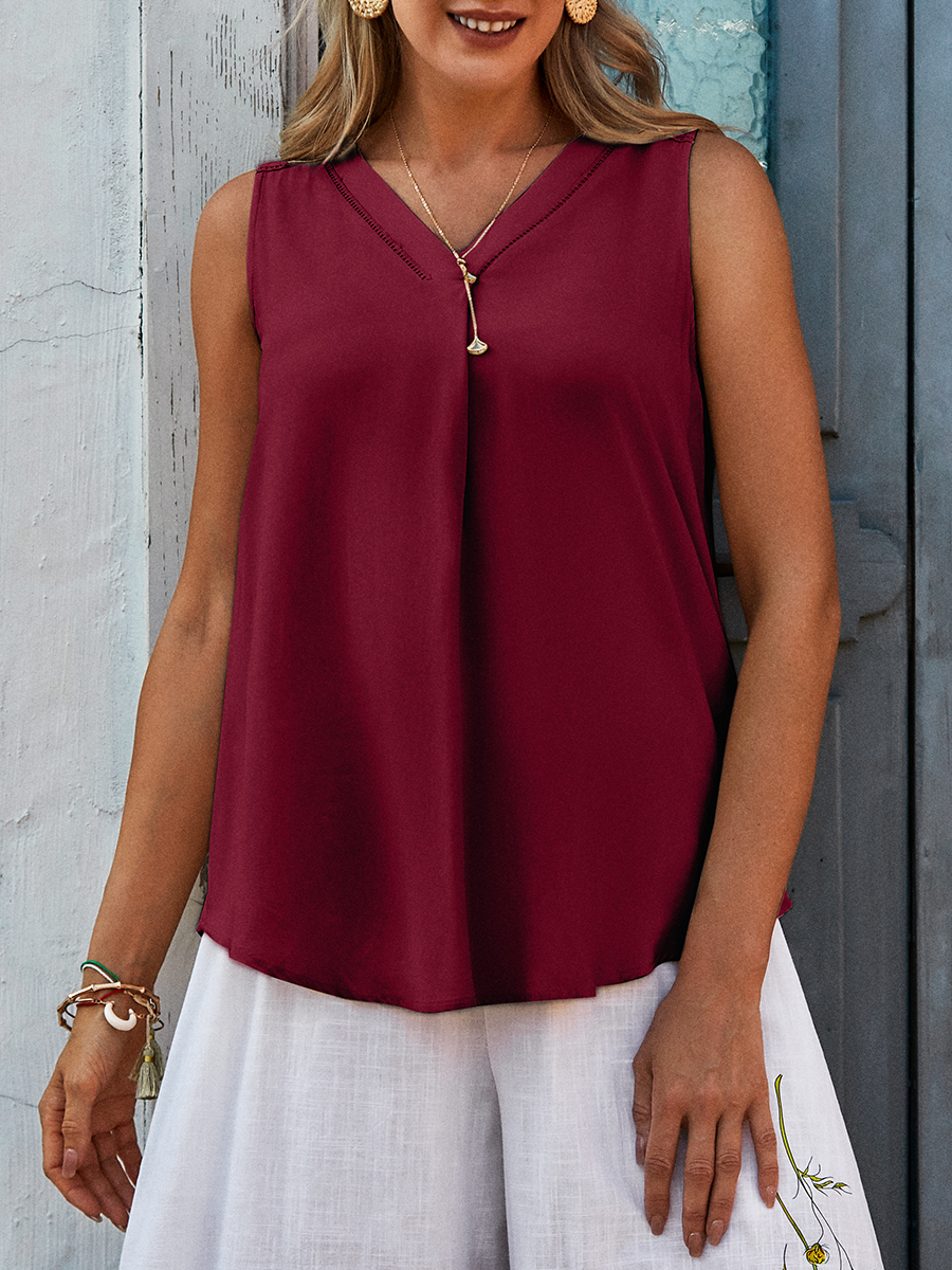 Womens Solid Color V-neck Chic Sleeveless Shirt
