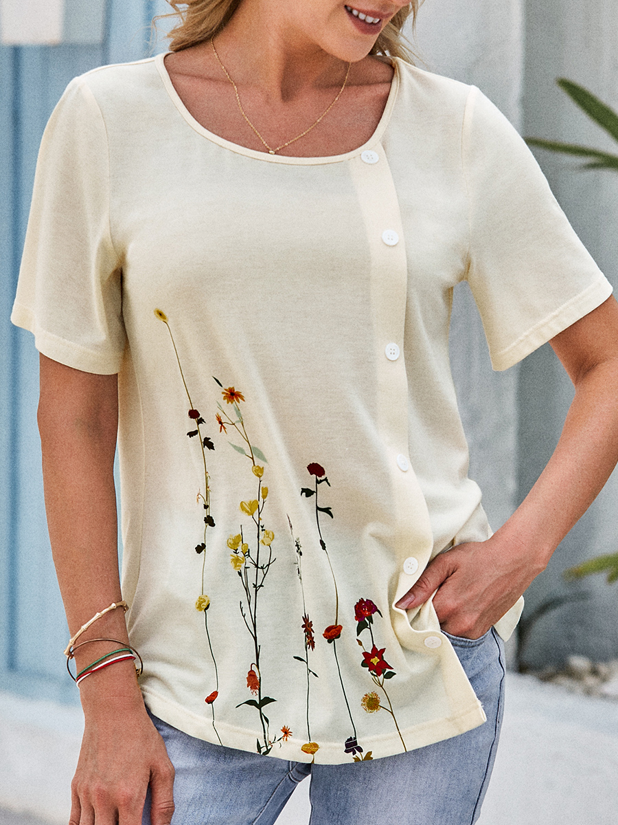 Womens Floral Print Round Neck Short sleeved T shirt