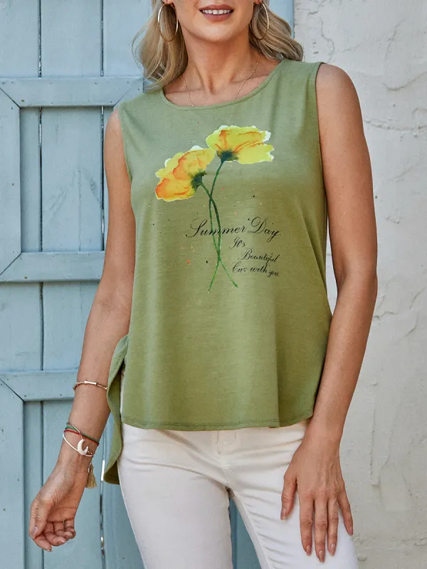Женская футболка без рукавов с цветочным принтом и круглым вырезом - Funluc.com 