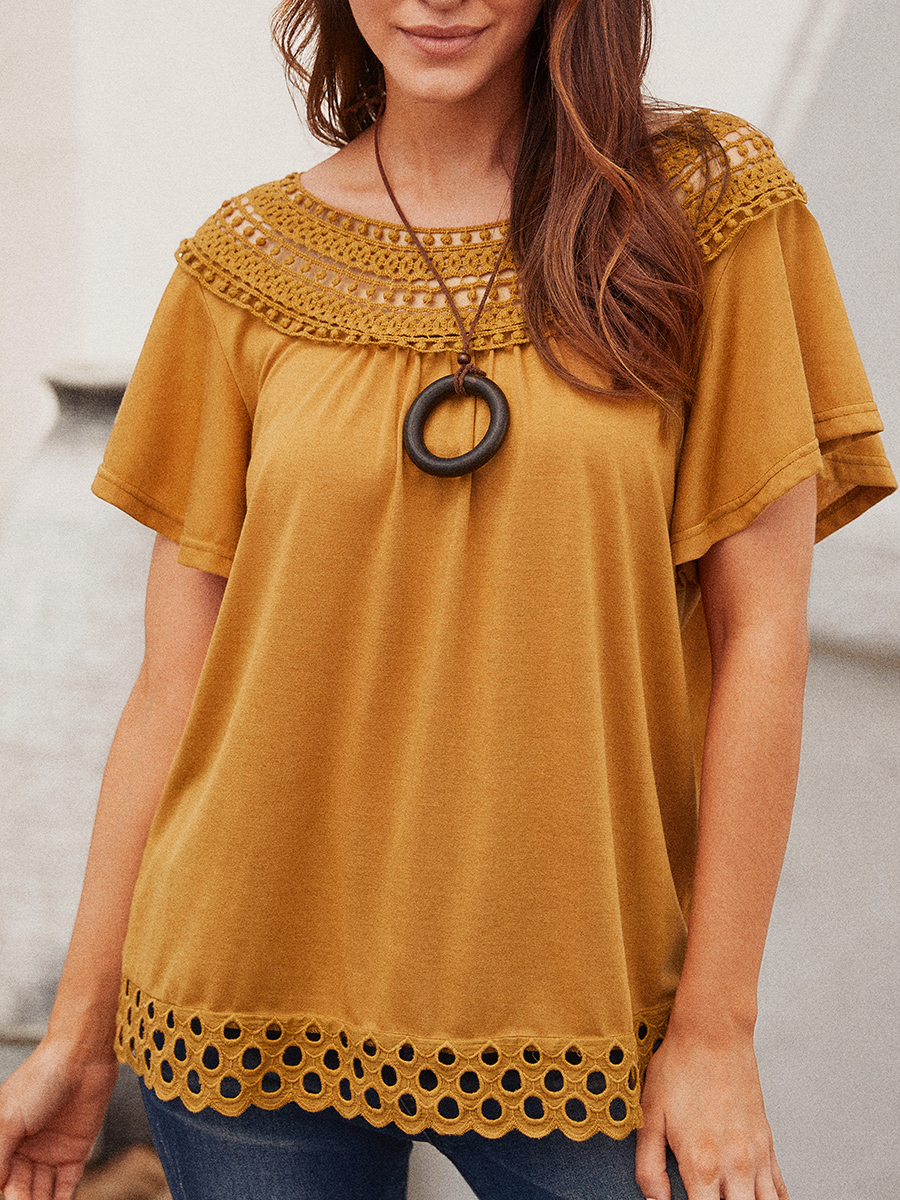 Ladies Casual Stitching Lace Embroidery Round Neck T shirt