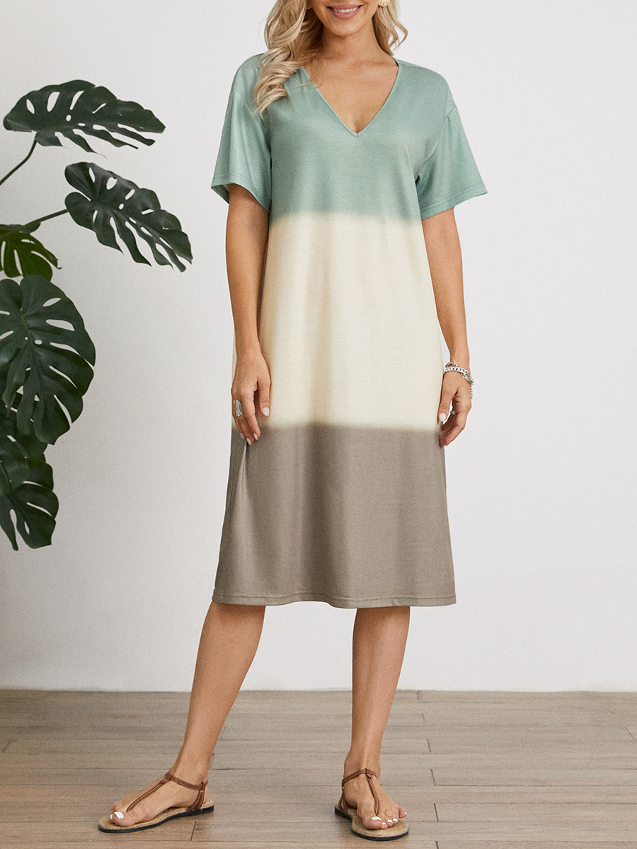 Womens Stitching V neck Short sleeved Dress