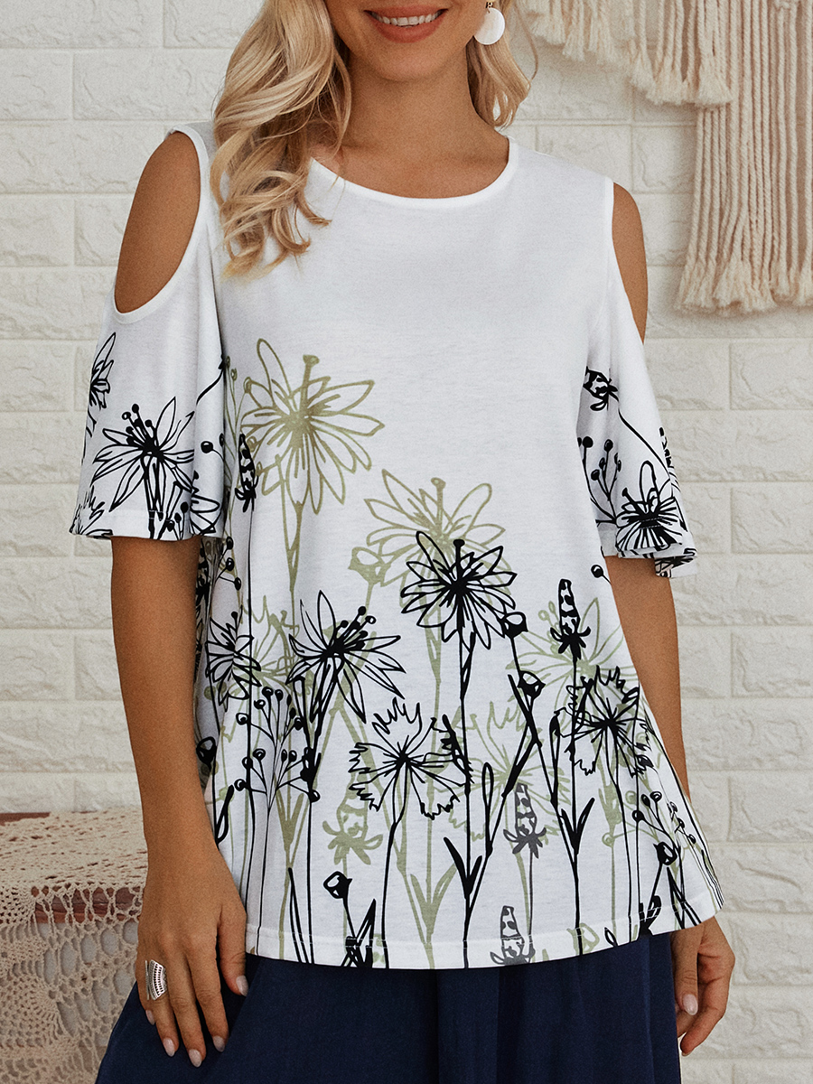 Womens Floral Print Round Neck Short sleeved T shirt