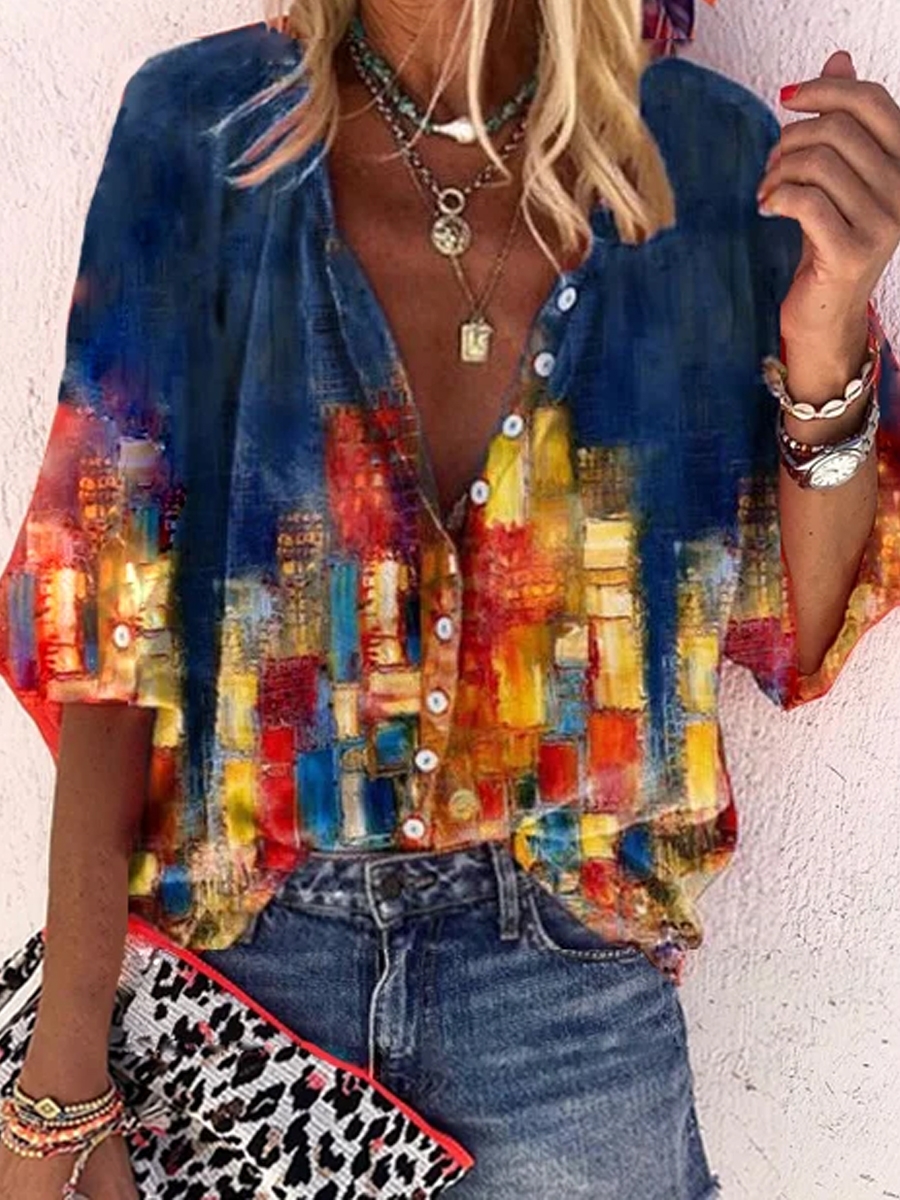 Casual V Neck 34 Sleeves Button Up Shirt Blouses