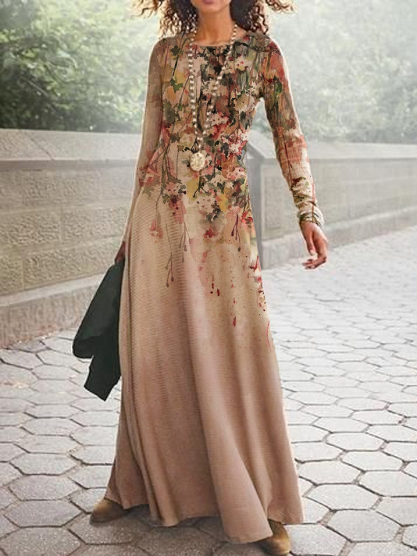 Vintage Floral Print Casual Long-sleeved Maxi Dress