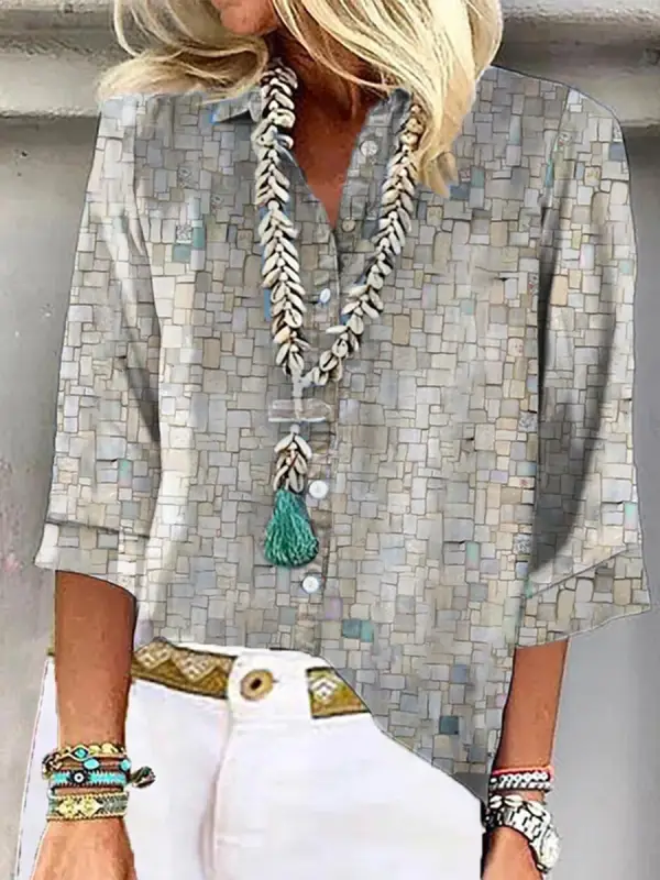 Повседневная блузка с V-образным вырезом и длинными рукавами с принтом - Funluc.com 