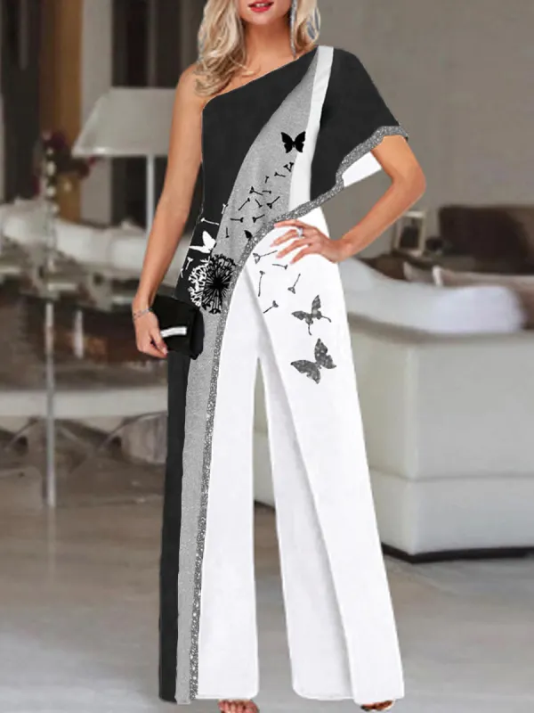 Модный женский комбинезон с открытыми плечами и принтом одуванчиков с цветными блоками - Funluc.com 
